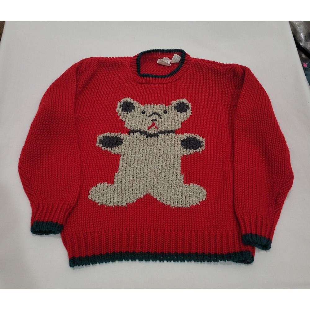 Vintage Far & Near Teddy Bear Red Chunky Knit Sweater Women Small Green Trim